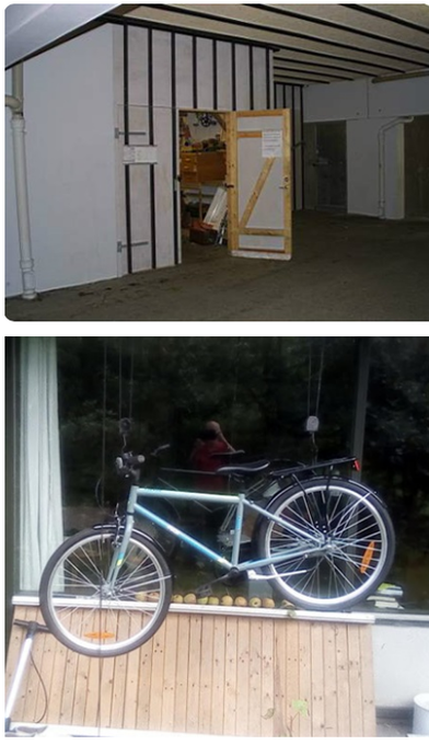 Øverst: Cykelværkstedets indgang under 245 i carporten.
Nederst: Istandsat cykel.